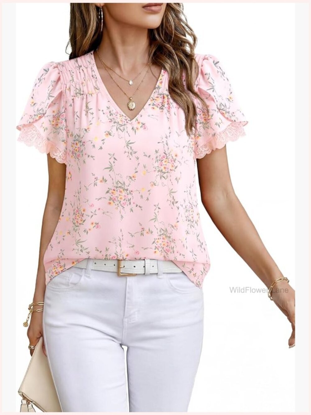 Women Lace Petal Sleeve V Neck Blouse Summer Office Top